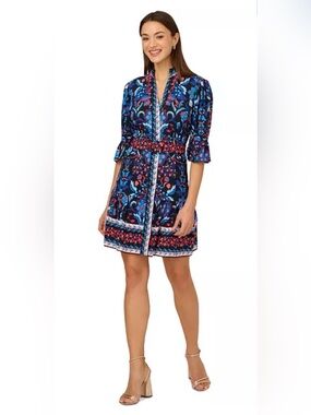 Adrianna Papell Navy Abstract Floral Shirt Dress w Pink & Blue Accents Size 12